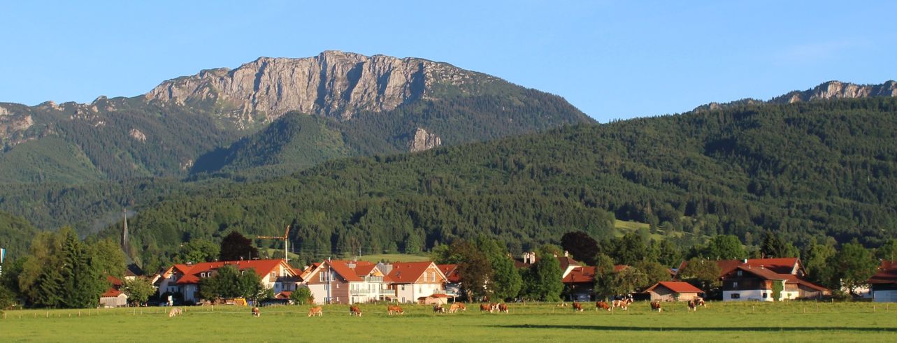 Panorama Benediktenwand und Dorf Blick auf Benediktenwand vom Wiesenweg