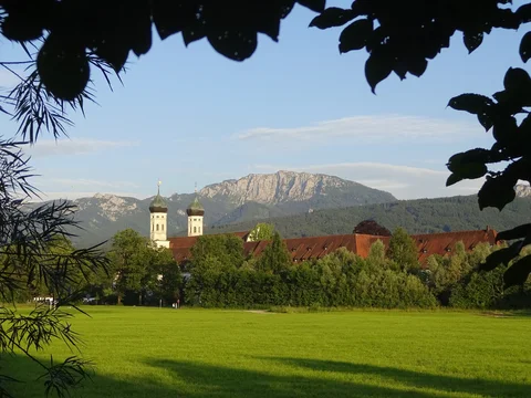 Benediktbeuern monastery with mt. Benediktenwand